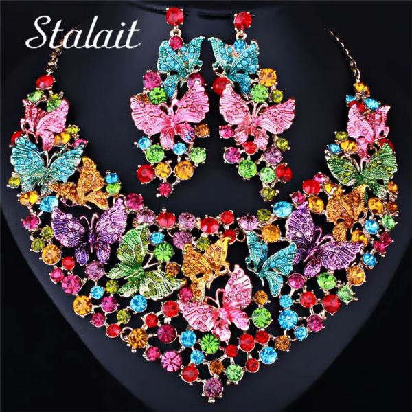 Colliers attrayants bijoux de mariée peinture papillon complet en cristal multi-couches