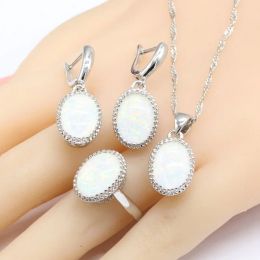 Kettingen Australië witte opaalstenen zilveren kleur sieraden sets voor vrouwen ketting hanger drop oorbellen ringen cadeau gratis doos