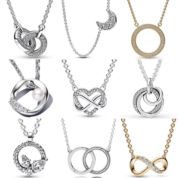 Collares Auténtica Plata de Ley 925 Corazones entrelazados Círculo Pave Moon Family Always Infinity Collar para mujer Joyería de moda