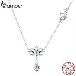 Colliers Bamoer 100% Sterling Sier Elegant Lotus Pendant Colliers Collier de fleur de zircon cubique pour femmes Fine bijoux BSN012