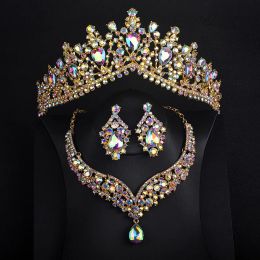Collares Barroco Crystal Agua Drop Corona de bodas Juegos de joyas de novia Pendientes de collar de diamantes de diez rianas para la novia Dubai Jewelry Sets Tiaras