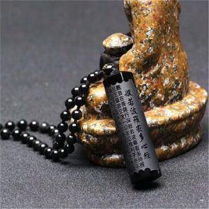 Colliers beaux mots noirs noirs obsidiens sculptés bouddhisms bandes coeur sutra pendentif chanceux + perles noires