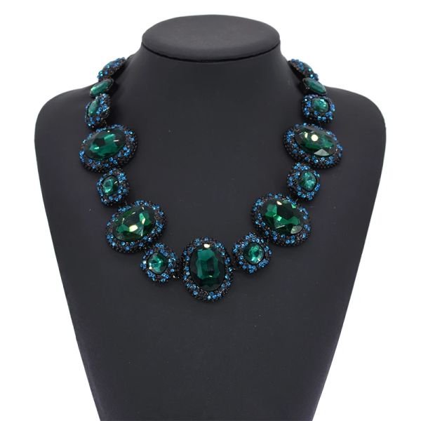 Colliers grand verre vert rond géométrique collier de déclaration collier brillant collier en couches Vintage métal Sautoirs bijoux de fête