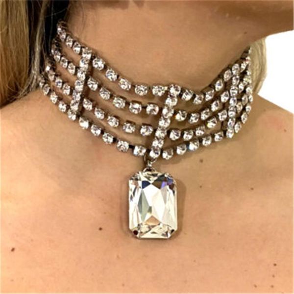 Colliers Grand carré cristal pendentif collier argent pour femmes Vintage Bling strass multi rangée collier ras du cou diamant bijoux cadeau
