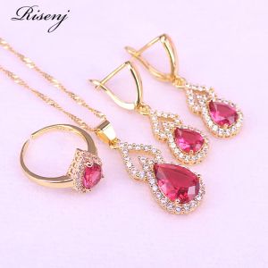 Colliers Big Water Drop Rose Red Rose Gold Costume bijoux de boucles d'oreilles réglables Collier Set Bridal Jewelry Drop Shipping JS28