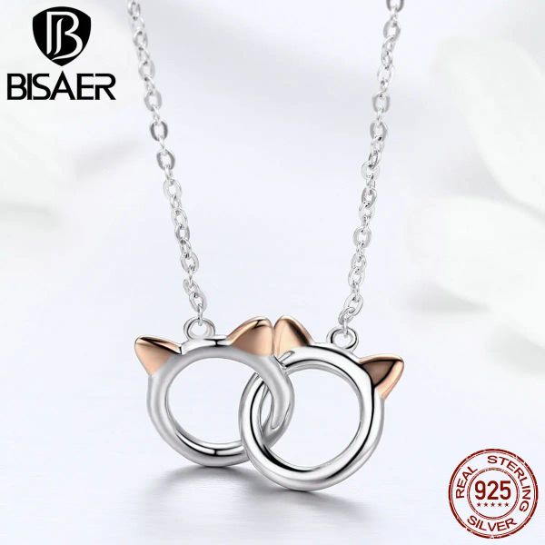 Collares BISAER 925 plata esterlina círculos dobles lindo mascota gato colgante collar cadena animal plateado platino para mujeres joyería fina