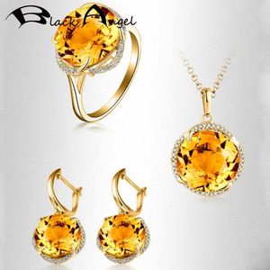 Colliers Black Angel 2020 nouveau Citrine ensemble de bijoux de mariage longues boucles d'oreilles à pince collier bague pour les femmes de fiançailles cadeau de noël