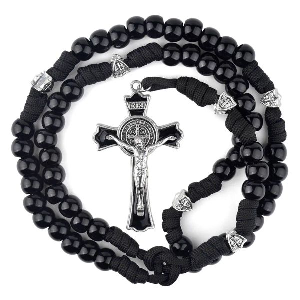 Collares Black Paracord Men Rosaries 12 mm Beads acrílico Collar cruzado para soldado Rosario resistente católico