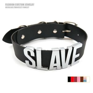 Kettingen Zwart Brede Lederen Choker Kraag Zilver Kleur Grote Letters Slave Aangepaste Naam Kettingen Voor Vrouwen Mannen Gepersonaliseerde Sexy Sieraden