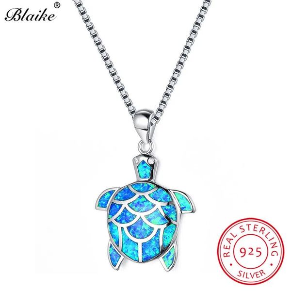 Collares Blaike 925 plata esterlina lindos colgantes de tortuga para mujeres océano azul fuego ópalo collar mujer piedra natal gargantilla joyería de boda