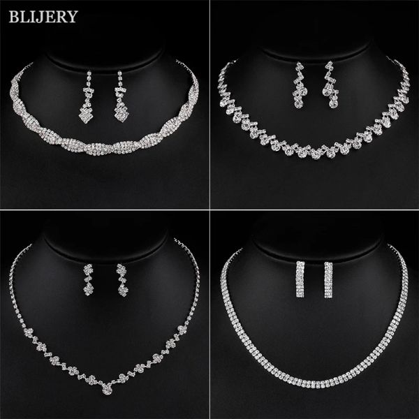 Colliers Blijery Silver plaqué Crystal Demaine de bijoux Bridal Bijoux Geometric Choker Collier Boucles d'oreilles pour femmes Bijoux de mariage