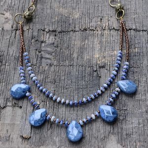 Collares Collar de gargantilla con colgante de lágrima de jaspes azules para mujer, collar multicapa hecho a mano con piedra Natural, joyería Bohemia