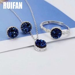 Collares Conjuntos de collar/pendientes/anillos con colgante de drusa de ágata Natural redonda azul, conjunto de joyería fina de plata de ley 100% para mujer Yjs041