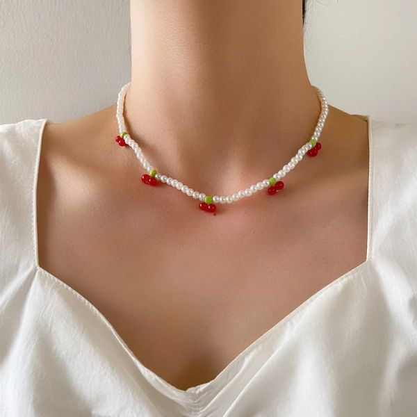 Collares Bohemia Collar de cereza rojo con cuentas para mujeres Chokers de semillas lindas hechas a mano Chokers 90s Boho joyas al por mayor