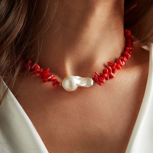 Colliers Bohemian Punk Red Coral Perle Big Baroque Baroque Colliers de perles d'eau douce pour femmes Collier de cou Collier Bijoux Gift