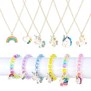 Collares Pulseras Abaima Set joyería para niña con lindo unicornio multicolor corazón estrella arco iris encantos regalo para niños juguete favores de fiesta fingir