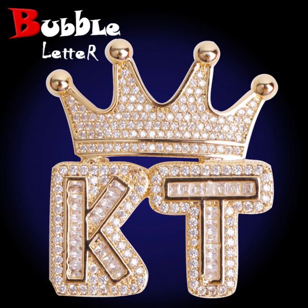 Colliers Bubble Lettre Nom personnalisé Collier pour femmes Baguette Couronne Bail Véritable Plaqué Or Charms Kid Hip Hop Bijoux