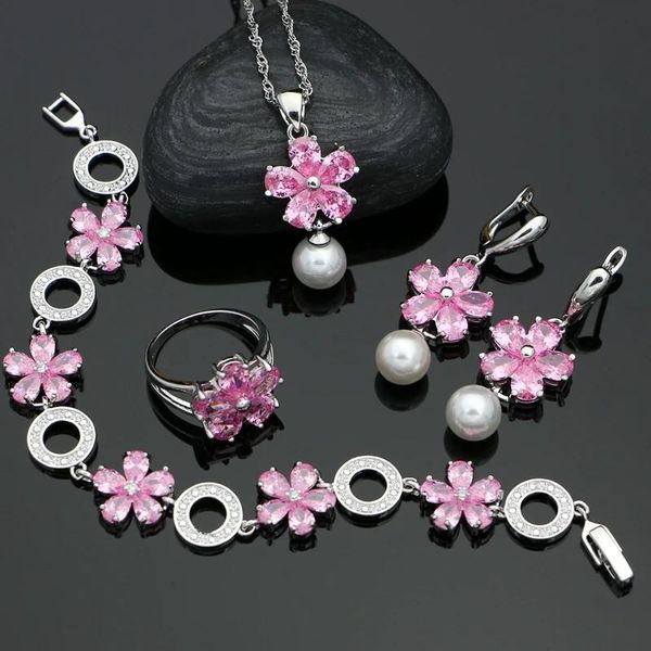 Collares Carrera Perlas Conjuntos de joyas Flor Princesa Rosa Cubic Zirconia Sier Joyería para mujeres Pendientes/colgante/anillo/collar Conjunto