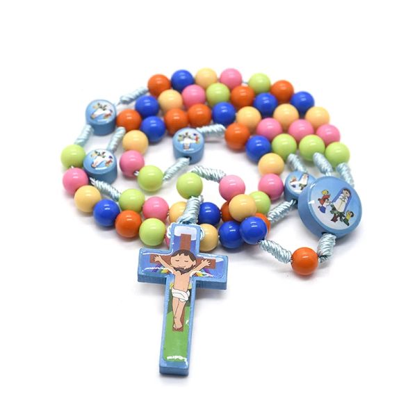 Colliers Cartoon Cross Pendant Collier Kid Rosary Perles en plastique Catholic Religious Jewelry Girl Gift