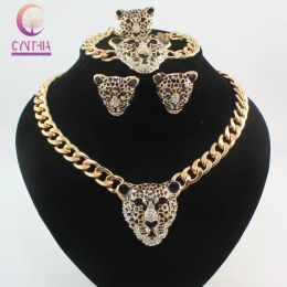 Colliers Cool Black Ematel Leopard Head Collier en cristal Ensemble pour femmes / hommes Costume de couleur or tendance ensemble de bijoux africains