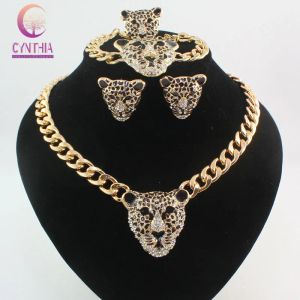 Kettingen koel zwarte glazuur luipaard hoofd kristallen ketting set voor vrouwen/mannen trendy goud kleur kostuum Afrikaanse sieraden sets
