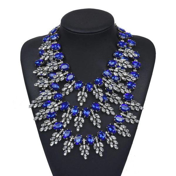 Colliers Bijoux Fantaisie De Luxe Indien Grands Accessoires Multicouche Bleu Saphir Cristal Strass Bavoir Déclaration Collier pour Femmes