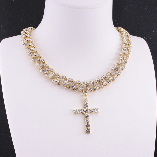 Colliers Pendentif croix 10mm hip hop miami chaîne à maillons cubains collier glacé pour hommes femmes rappeur chanteur bijoux en cristal religion rock roll