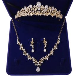Collares juegos de joyas de novia de cristal con tiaras coronas de diez rianas de diez rianas aretes collares de collar
