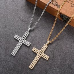 Colliers Zircon cubique croix pendentif colliers 3mm chaîne de corde torsadée véritable or argent plaqué cuivre Bling Zircon collier pour hommes cadeaux F