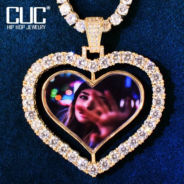 Colliers Personnalisé Grand Coeur Rotatif Photo Pendentif Pour Hommes Femmes Glace Zircon Faire Mémoire Photo Collier Chaîne Hip Hop Bijoux