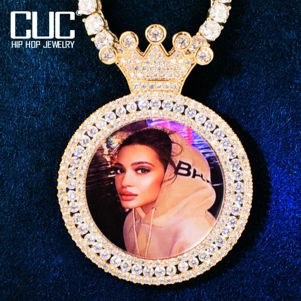 Colliers Personnalisé Couronne Ronde Photo Pendentif Pour Hommes Femmes Solide Dos Bling Zircon Faire Mémoire Image Collier Chaîne Hip Hop Bijoux