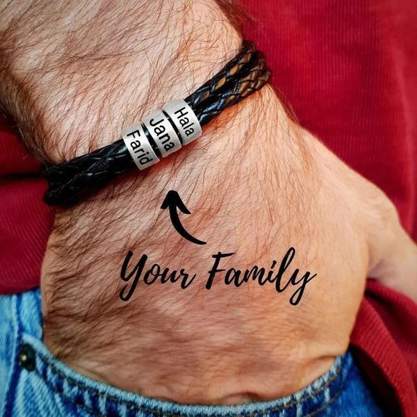 Collares Pulseras personalizadas de cuero genuino para hombre Grabado láser personalizado Nombres de niños familiares Pulsera de 3 capas Regalo del día del padre