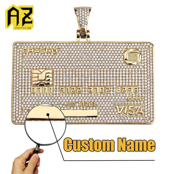 Collares Collares con colgantes de tarjetas de crédito bancarias con nombre personalizado para hombres y mujeres, colgante helado de circón, collar de cadena de cuerda gratis, joyería de Hip Hop