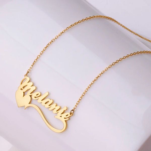 Nom personnalisé collier coeur symbole ruban en acier inoxydable plaque signalétique collier à la main pendentif chaîne pour femmes plaqué or bijoux