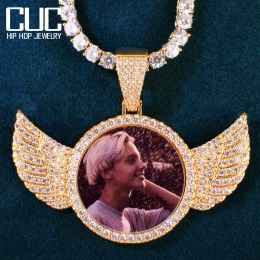 Colliers Collier de pendentif à ailes anges rondes personnalisé pour hommes pour les hommes Solide Faire de la mémoire de bijoux Hip Hop Cercle Hip Hop