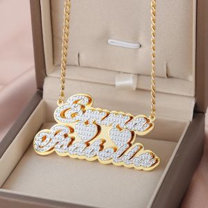 Kettingen Aangepaste ketting dubbele plaat Twee toon met twee harten gepersonaliseerde aangepaste goud vergulde twee namen kettingen hangerse sieraden