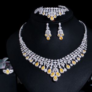 Colliers Cwwzircons 4 pièces jaune cubique zircone frange balancent goutte grand collier luxueux mariage bijoux de mariée ensemble accessoires T608