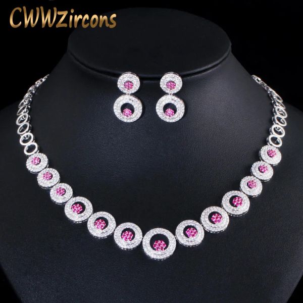 Collares cwwzircons rosa rosa rojo cz ghoker redondear collar de bodas y aretes accesorios de disfraces de fiesta T415