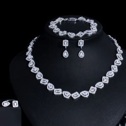 Kettingen CWWZircons Nieuwe sprankelende vierkante vorm Cubiek zirkon 4pcs Wedding Bridal Necklace Sieraden Sets Luxe Dubai White Gold Color T607