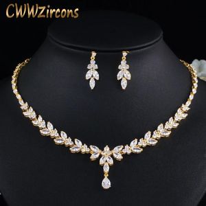 Colliers Cwwzircons Top africain cubique zircone feuille goutte femmes fête de mariage collier ensemble de bijoux de mariée Dubai or couleur bijoux T442