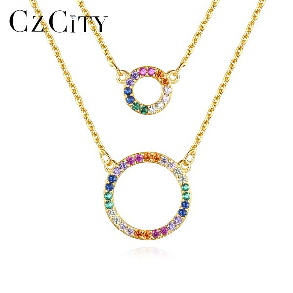 Colliers Czcity Double couches Circle 925 Couleur arc-en-ciel en argent sterling minuscules colliers de zircone cubique en zircone