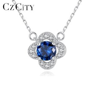 Colliers Czcity Snowflake authentique Blue Topaz Solid 925 Pendre en argent sterling Fine bijoux cubique Zirconie Bijoux de mode nuptiale