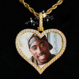 Kettingen dz op maat gemaakte foto hart medaillons ketting hanger met 4 mm tennisketen AAA kubieke zirkoon heren hiphop sieraden