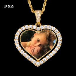 Colliers DZ Custom Made Photo Rotation Coeur Forme Double Face Pendentif Collier 4mm Tennis Chaîne Zircon Hommes Hip Hop Bijoux