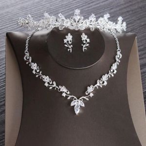 Kettingen luxe kubieke zirconia blad bruids sieraden set bruiloft sieraden set strass kroon kroon ketting oorbellen