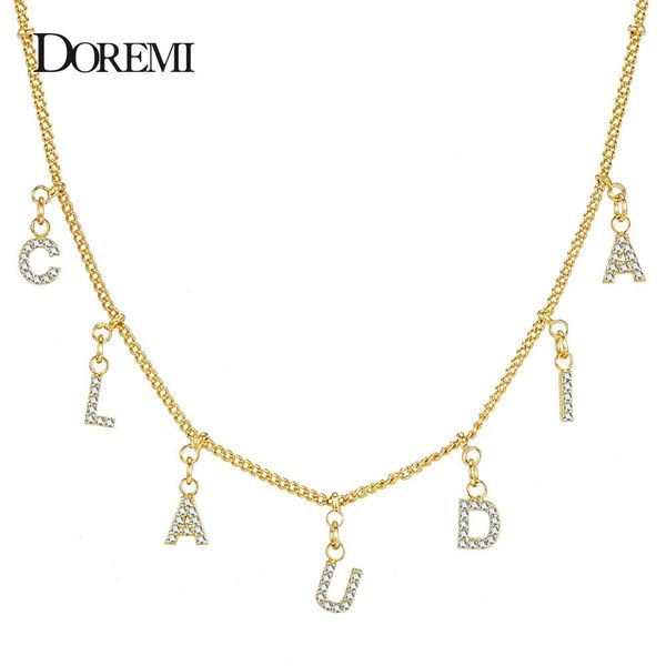 Collares Doremi 3a Collar con nombre de oro personalizado con circonitas y números de letras, collares de cobre personalizados para mujeres y niñas, gargantilla con colgante de fuente