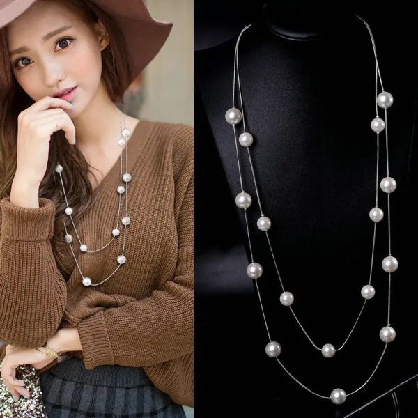 Colliers Double couche de perles simulées, longs colliers pour femmes, clavicule, bijoux à la mode, chaîne de pull, vente en gros