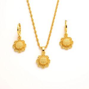 Kettingen Dubai 18K Gold vergulde zonnebloem bruiloft Geschenk hanger ketting oorrang bruids sieraden sets sieraden set voor vrouwen