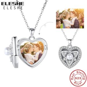 Colliers ELESHE AUTHENTIQUE 925 STERLING Silver Zircon Pearl Flower Heart Pendant Collier Personnalisé Chaîne photo personnalisée Femmes