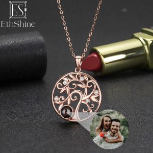 Kettingen EthShine 925 Sterling Zilver Gepersonaliseerde Boom Foto Ketting Projectie Ketting Aangepaste Foto Ketting Minnaar Familie Cadeau Vrouwen